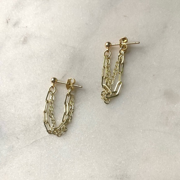 Gold Plated Double Drop Chain Earrings - Picture 2 of 4